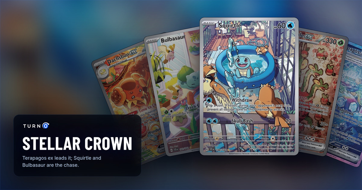 Five Stellar Crown chase cards fanned out: Dachsbun ex, Bulbasaur, the Squirtle Illustration Rare in front, Hydrapple ex and Terapagos ex.