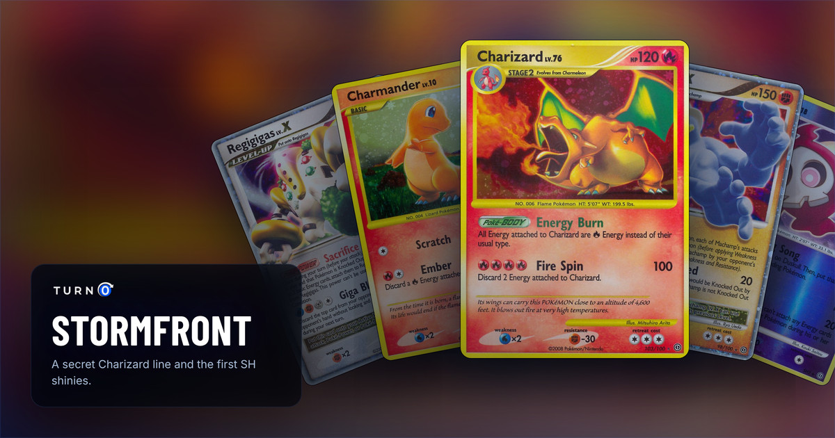 Five Stormfront cards fanned out: Regigigas LV.X, Charmander, Charizard in front, Machamp LV.X and Duskull.