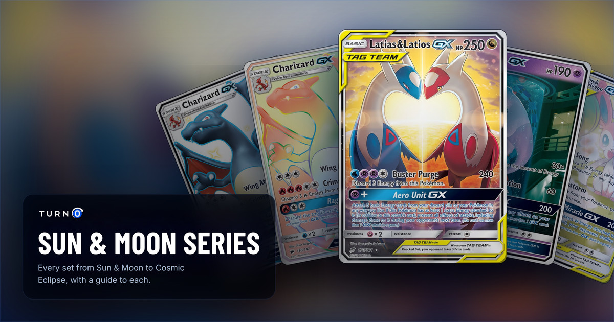 Five chase cards of five Sun & Moon series sets fanned out: Charizard-GX, Charizard-GX, Latias & Latios-GX in front, Mewtwo-GX and Gardevoir & Sylveon-GX.