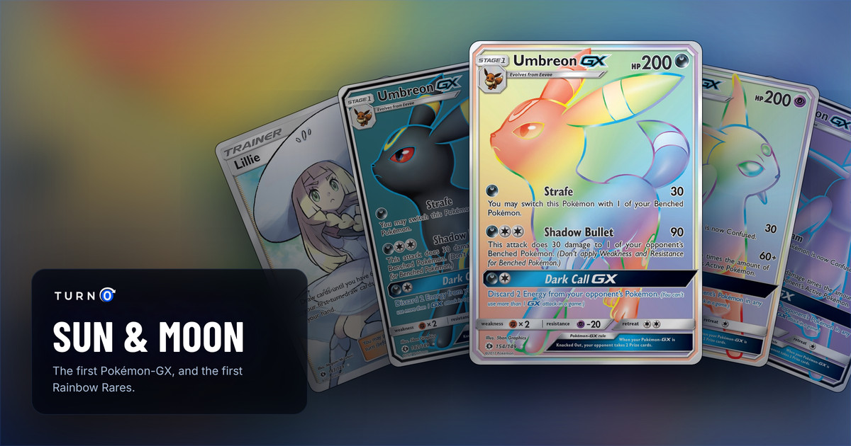Five Sun & Moon chase cards fanned out: Lillie, Umbreon-GX, Umbreon-GX in front, Espeon-GX and Espeon-GX.