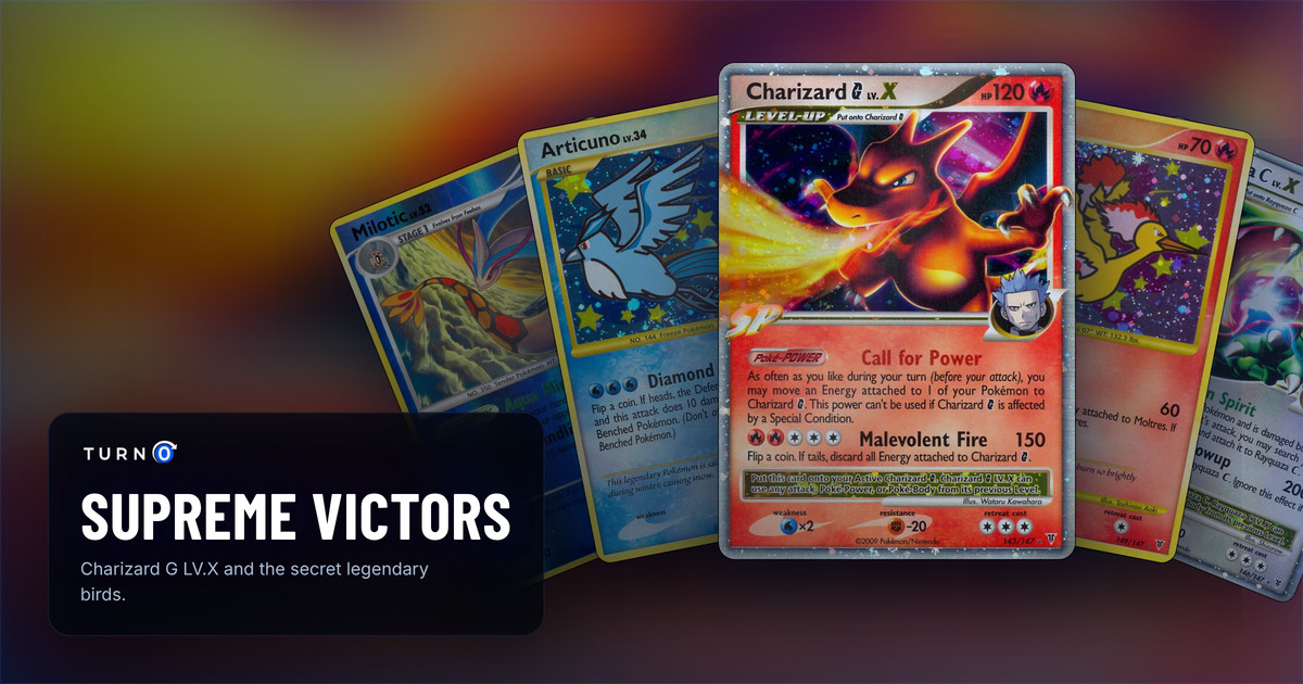 Five Supreme Victors cards fanned out: Milotic, Articuno, Charizard G LV.X in front, Moltres and Rayquaza C LV.X.
