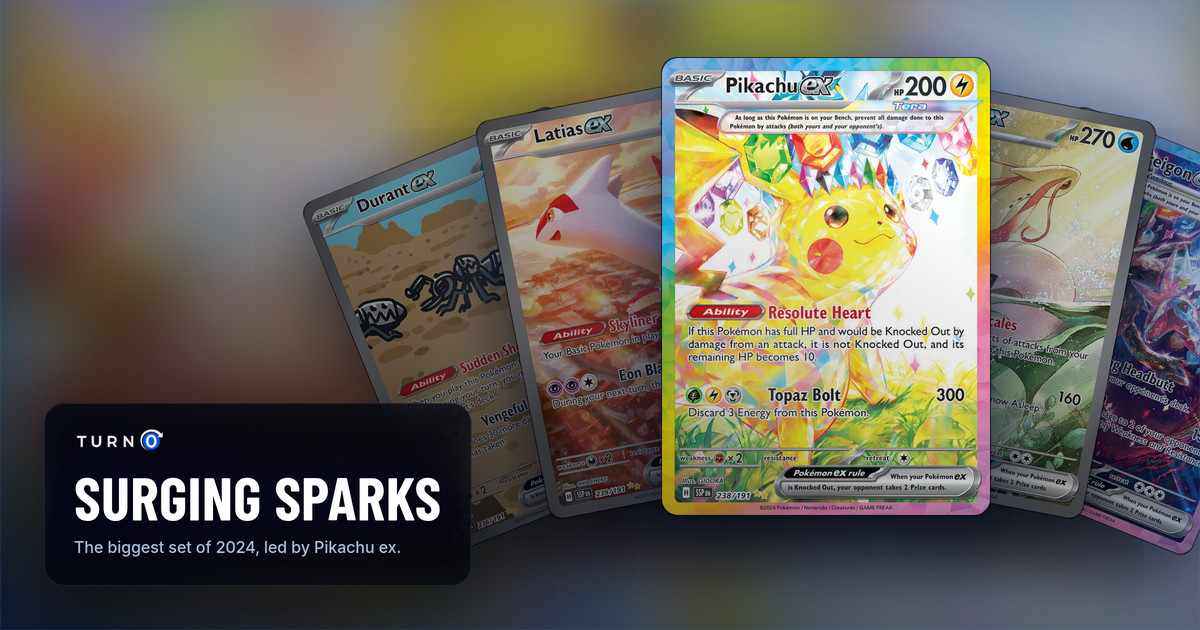Five Surging Sparks Special Illustration Rares fanned out: Durant ex, Latias ex, Pikachu ex in front, Milotic ex and Hydreigon ex.