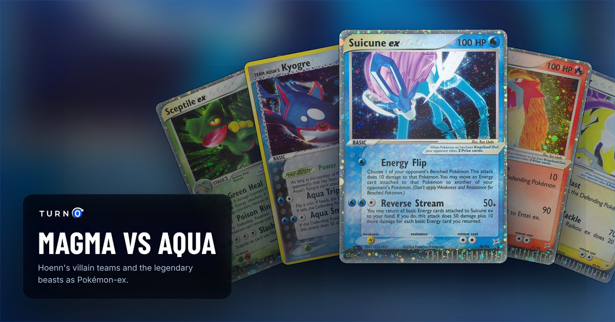 Five Team Magma vs Team Aqua cards fanned out: Sceptile ex, Team Aqua's Kyogre, Suicune ex in front, Entei ex and Raikou ex.