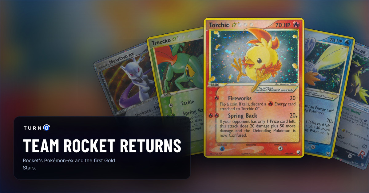 Five Team Rocket Returns cards fanned out: Rocket's Mewtwo ex, Treecko ★, Torchic ★ in front, Mudkip ★ and Rocket's Zapdos ex.