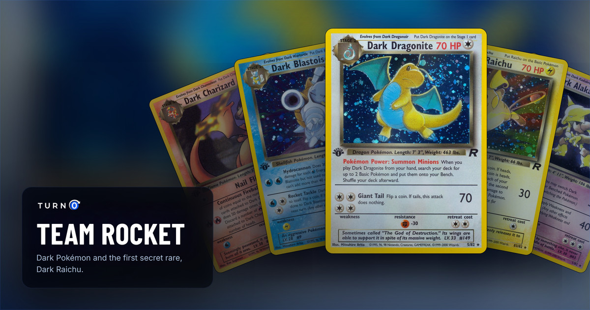 Five Team Rocket cards fanned out: Dark Charizard, Dark Blastoise, Dark Dragonite in front, Dark Raichu and Dark Alakazam.