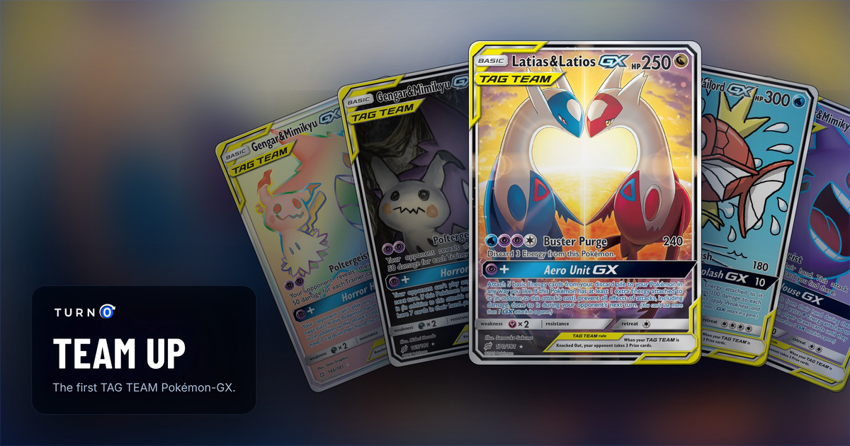 Five Team Up chase cards fanned out: Gengar & Mimikyu-GX, Gengar & Mimikyu-GX, Latias & Latios-GX in front, Magikarp & Wailord-GX and Gengar & Mimikyu-GX.