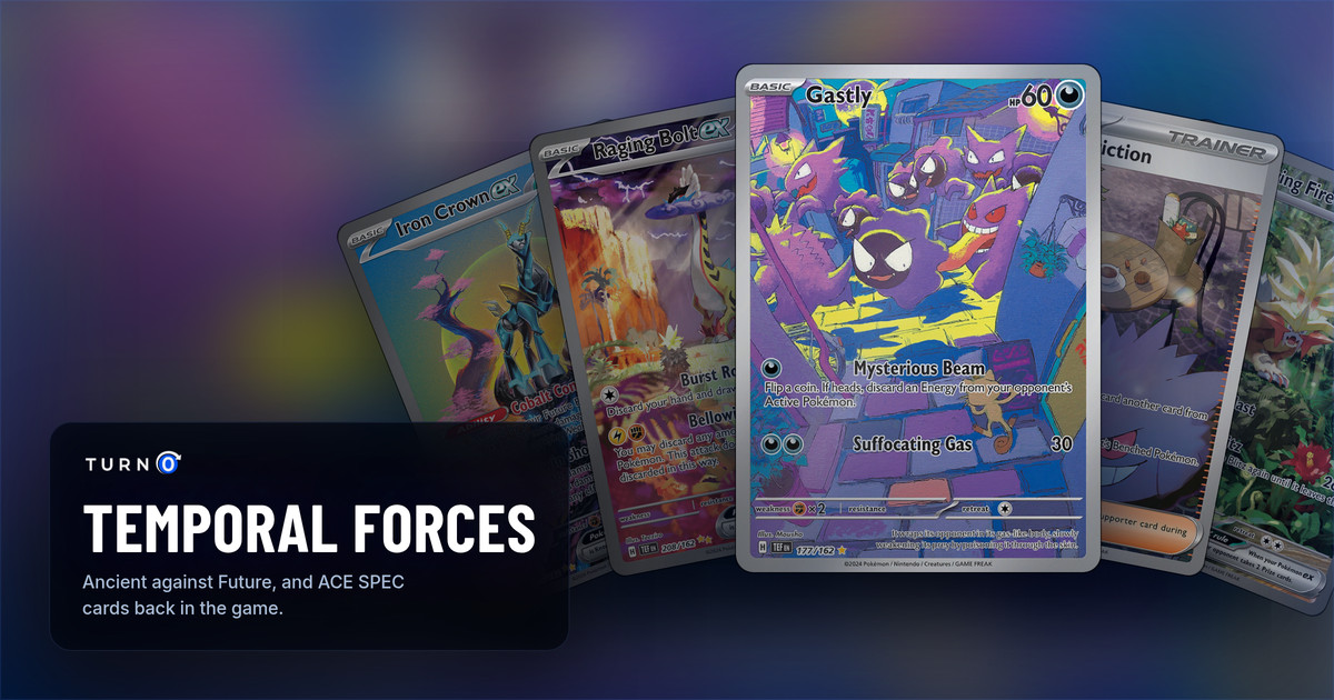 Five Temporal Forces chase cards fanned out: Iron Crown ex, Raging Bolt ex, the Gastly Illustration Rare in front, Morty's Conviction and Gouging Fire ex.