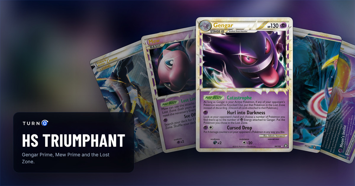 Five HS Triumphant cards fanned out: Palkia & Dialga LEGEND, Mew, Gengar in front, Darkrai & Cresselia LEGEND and Darkrai & Cresselia LEGEND.