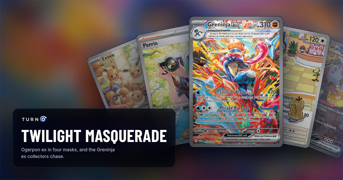 Five Twilight Masquerade chase cards fanned out: Eevee, Perrin, Greninja ex in front, Chansey and Bloodmoon Ursaluna ex.