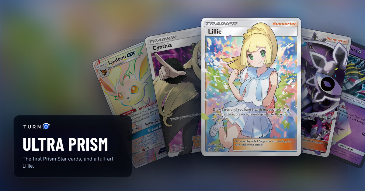 Five Ultra Prism chase cards fanned out: Leafeon-GX, Cynthia, Lillie in front, Lusamine and Giratina ◇.