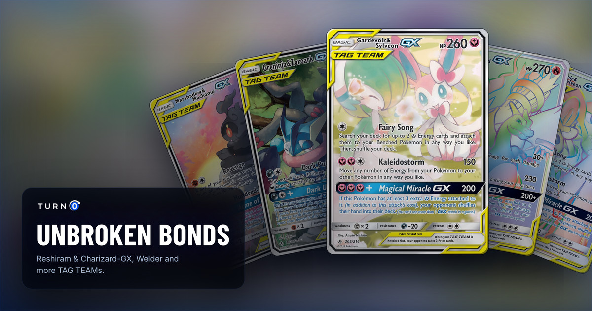 Five Unbroken Bonds chase cards fanned out: Marshadow & Machamp-GX, Greninja & Zoroark-GX, Gardevoir & Sylveon-GX in front, Reshiram & Charizard-GX and Gardevoir & Sylveon-GX.