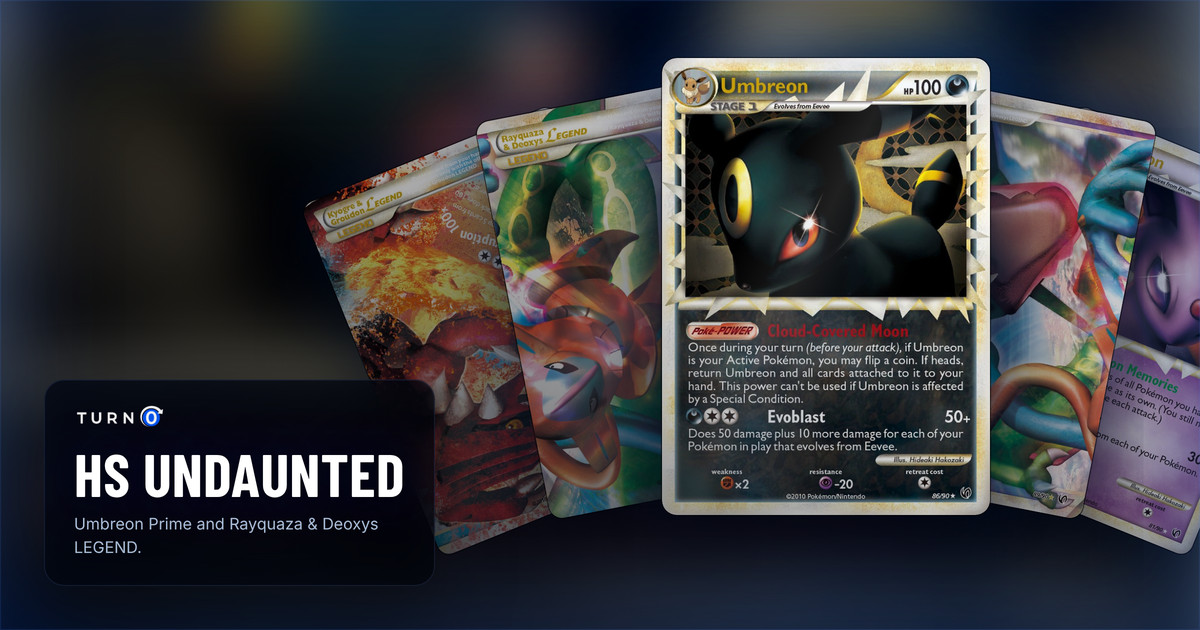 Five HS Undaunted cards fanned out: Kyogre & Groudon LEGEND, Rayquaza & Deoxys LEGEND, Umbreon in front, Rayquaza & Deoxys LEGEND and Espeon.