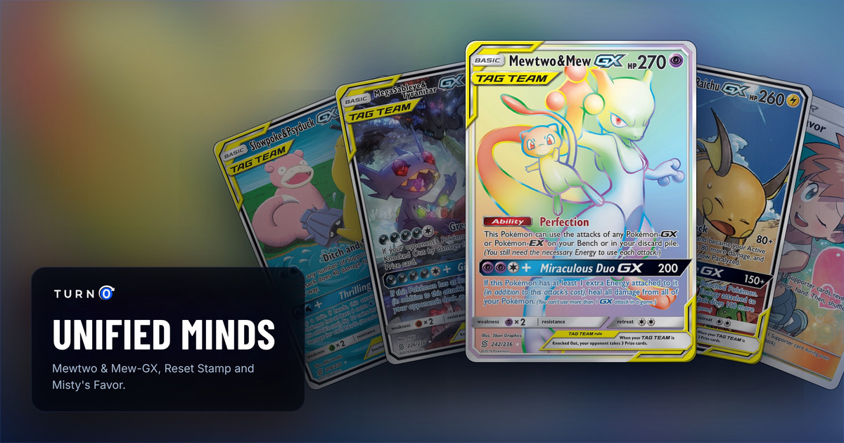 Five Unified Minds chase cards fanned out: Slowpoke & Psyduck-GX, Mega Sableye & Tyranitar-GX, Mewtwo & Mew-GX in front, Raichu & Alolan Raichu-GX and Misty's Favor.
