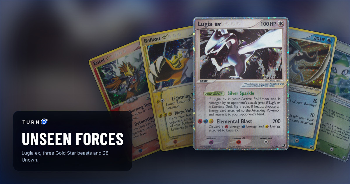 Five Unseen Forces cards fanned out: Entei ★, Raikou ★, Lugia ex in front, Suicune ★ and Celebi ex.