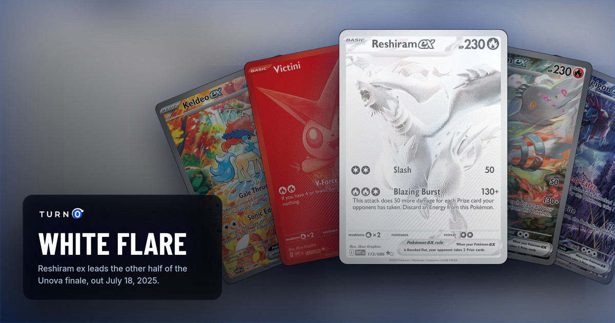 Five White Flare chase cards fanned out: Keldeo ex, Victini, the Reshiram ex Black White Rare in front, Reshiram ex Special Illustration Rare and Hydreigon ex.