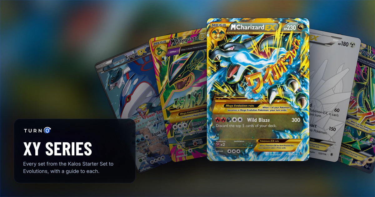 Five chase cards of five XY series sets fanned out: Team Aqua's Kyogre-EX, M Rayquaza-EX, M Charizard-EX in front, Dialga-EX and M Rayquaza-EX.