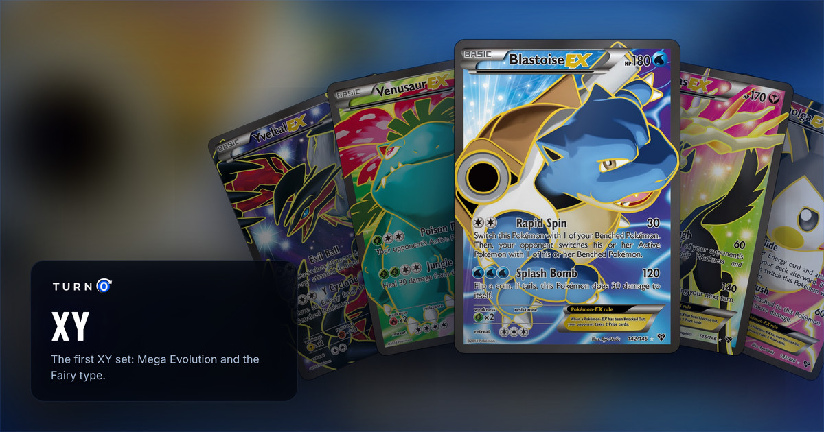 Five XY chase cards fanned out: Yveltal-EX, Venusaur-EX, Blastoise-EX in front, Xerneas-EX and Emolga-EX.