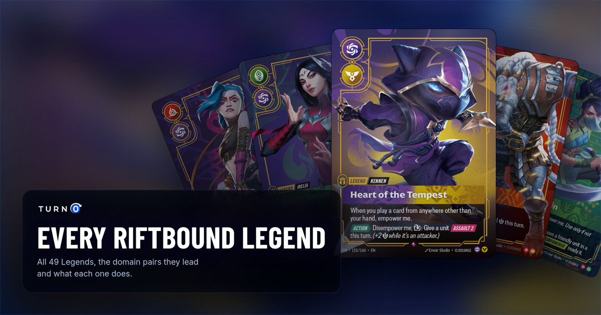 Five Riftbound Legends from four sets fanned out: Jinx, Loose Cannon, Irelia, Blade Dancer, Heart of the Tempest in front, Rengar, Pridestalker and Akali, Rogue Assassin.