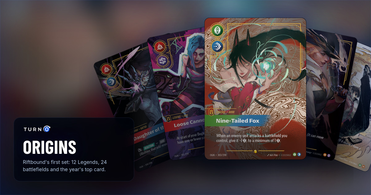 Five Origins overnumbered Legends fanned out: Kai'Sa, Daughter of the Void, Jinx, Loose Cannon, Ahri, Nine-Tailed Fox in front, Miss Fortune, Bounty Hunter and Lee Sin, Blind Monk.