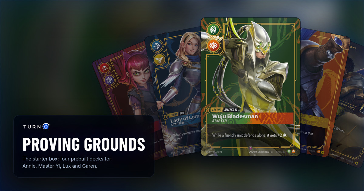 The four Proving Grounds Legends and Garen, Commander fanned out: Dark Child, Lady of Luminosity, Wuju Bladesman in front, Might of Demacia and Garen, Commander.