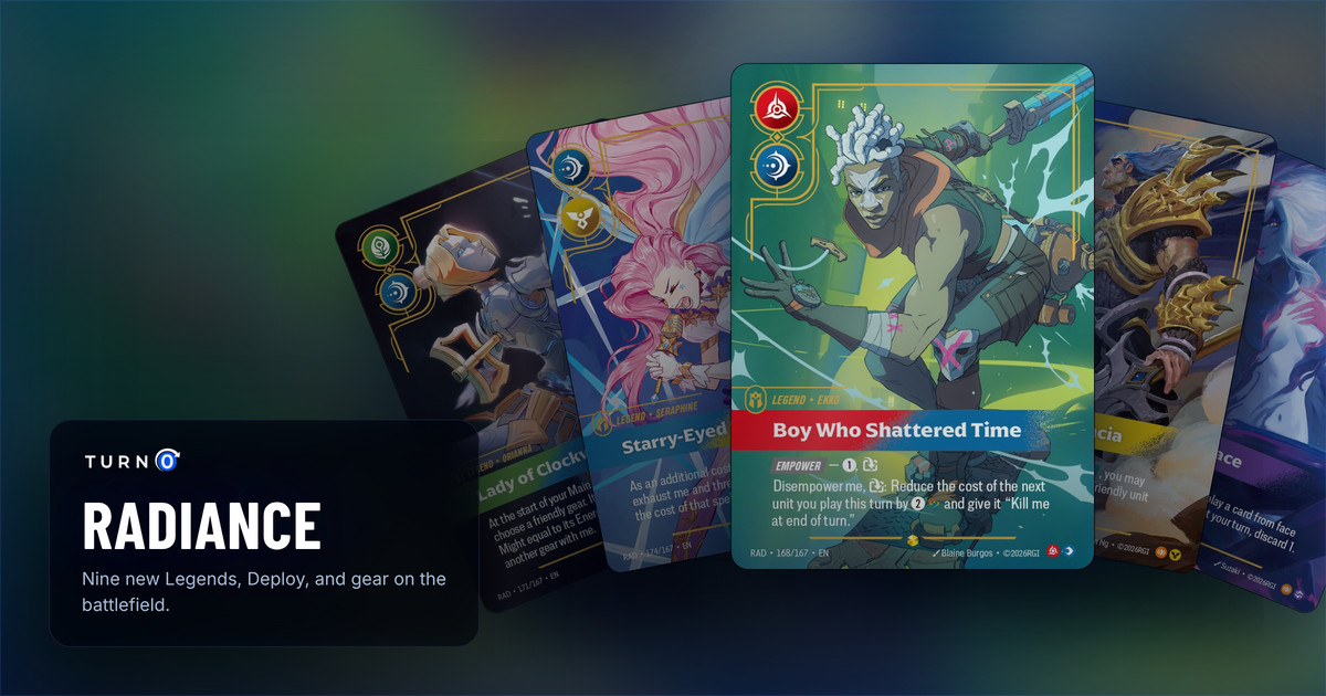 Five Radiance overnumbered Legends fanned out: Orianna, Lady of Clockwork, Seraphine, Starry-Eyed Songstress, Ekko, Boy Who Shattered Time in front, Jarvan IV, Exemplar of Demacia and Evelynn, Agony's Embrace.