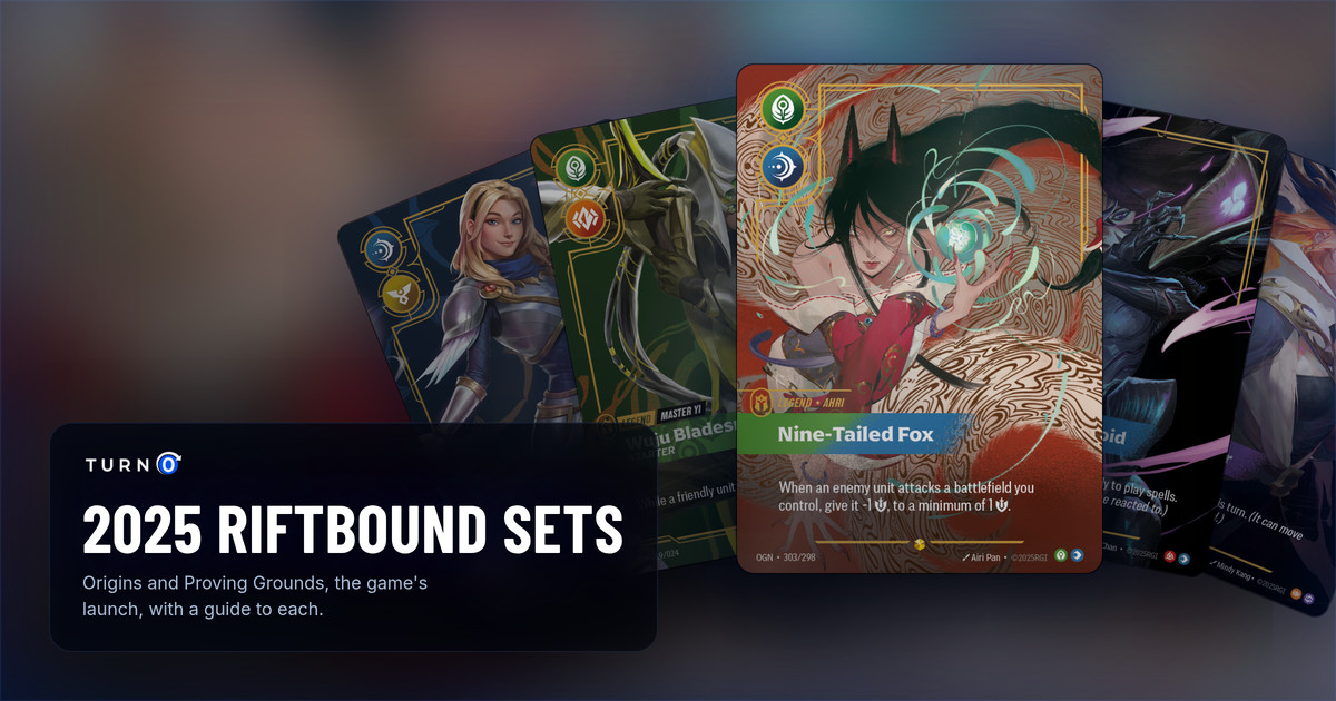 Riftbound's 2025 releases fanned out: the Proving Grounds Legends Lady of Luminosity and Wuju Bladesman, Origins' Ahri, Nine-Tailed Fox in front, Kai'Sa, Daughter of the Void and Miss Fortune, Bounty Hunter.