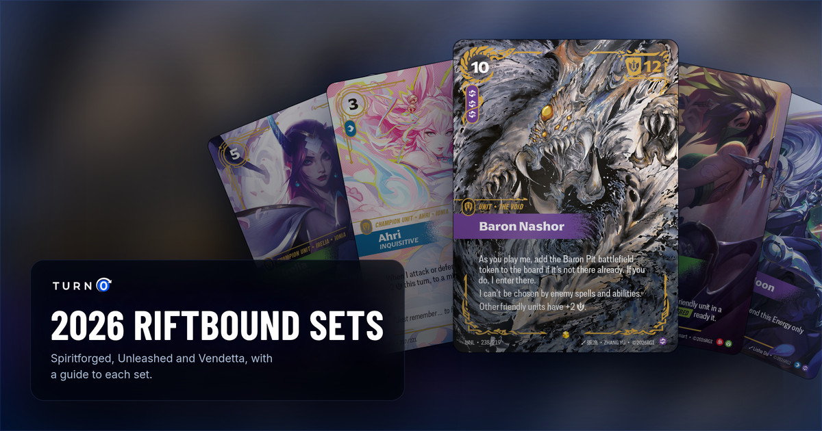 The chase card of each 2026 Riftbound set with two more fanned out: Irelia, Fervent, Ahri, Inquisitive, Baron Nashor in front, Akali, Rogue Assassin and Diana, Scorn of the Moon.