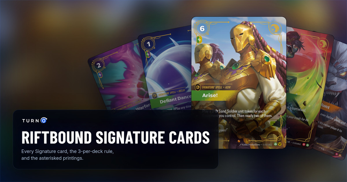Five Riftbound Signature cards fanned out: Guerilla Warfare, Defiant Dance, Arise! in front, Shuriken Flip and Thrill of the Hunt.