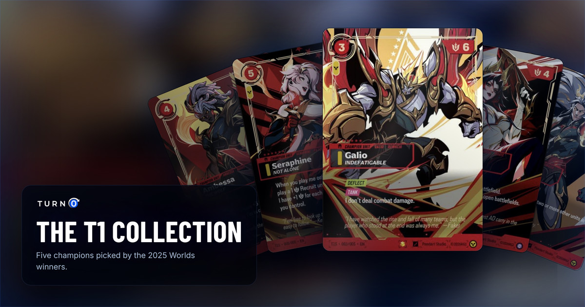 The five Riftbound x T1 Signature Edition cards fanned out: Ambessa, The Wolf, Seraphine, Not Alone, Galio, Indefatigable in front, Miss Fortune, Buccaneer and Xin Zhao, Vigilant.
