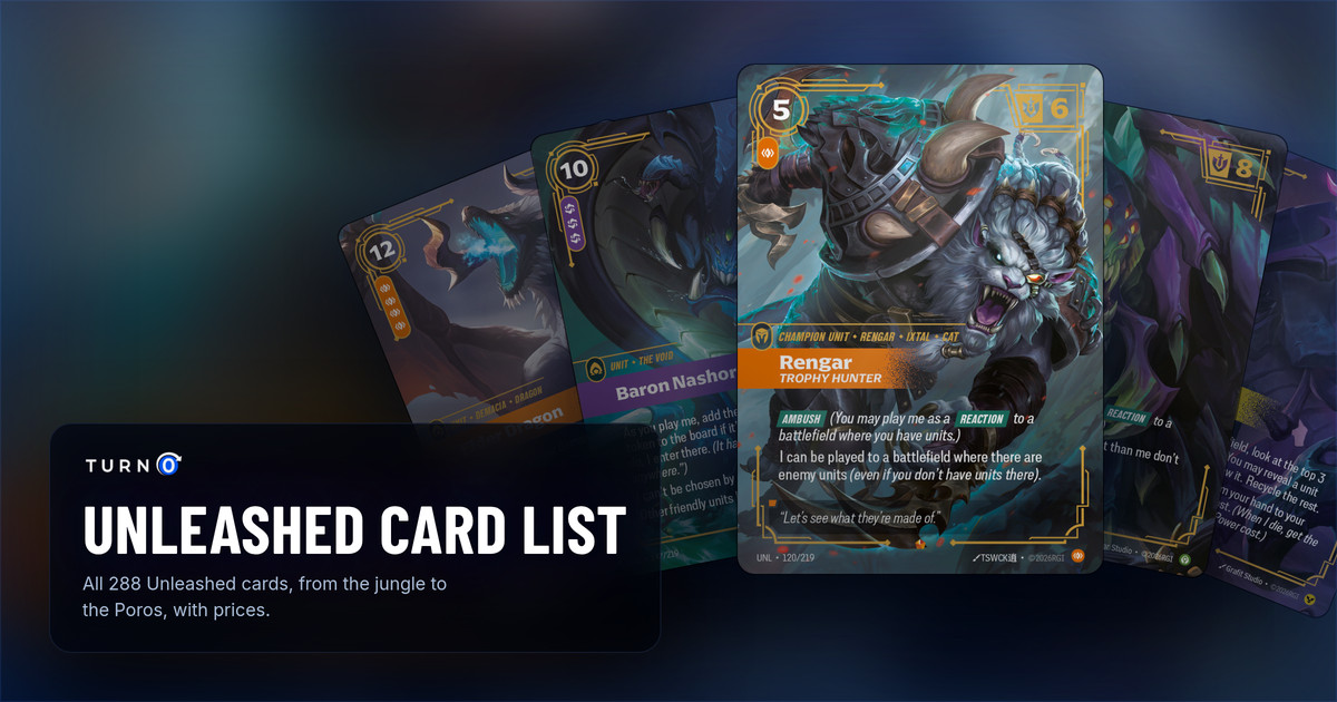 The most valuable Unleashed main-set cards fanned out: Elder Dragon, Baron Nashor, Rengar, Trophy Hunter in front, Vilemaw and Rift Herald.