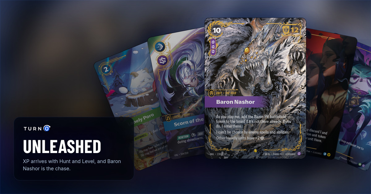 Five Unleashed overnumbered cards fanned out: Lonely Poro, Diana, Scorn of the Moon, Baron Nashor in front, LeBlanc, Deceiver and Vex, Gloomist.