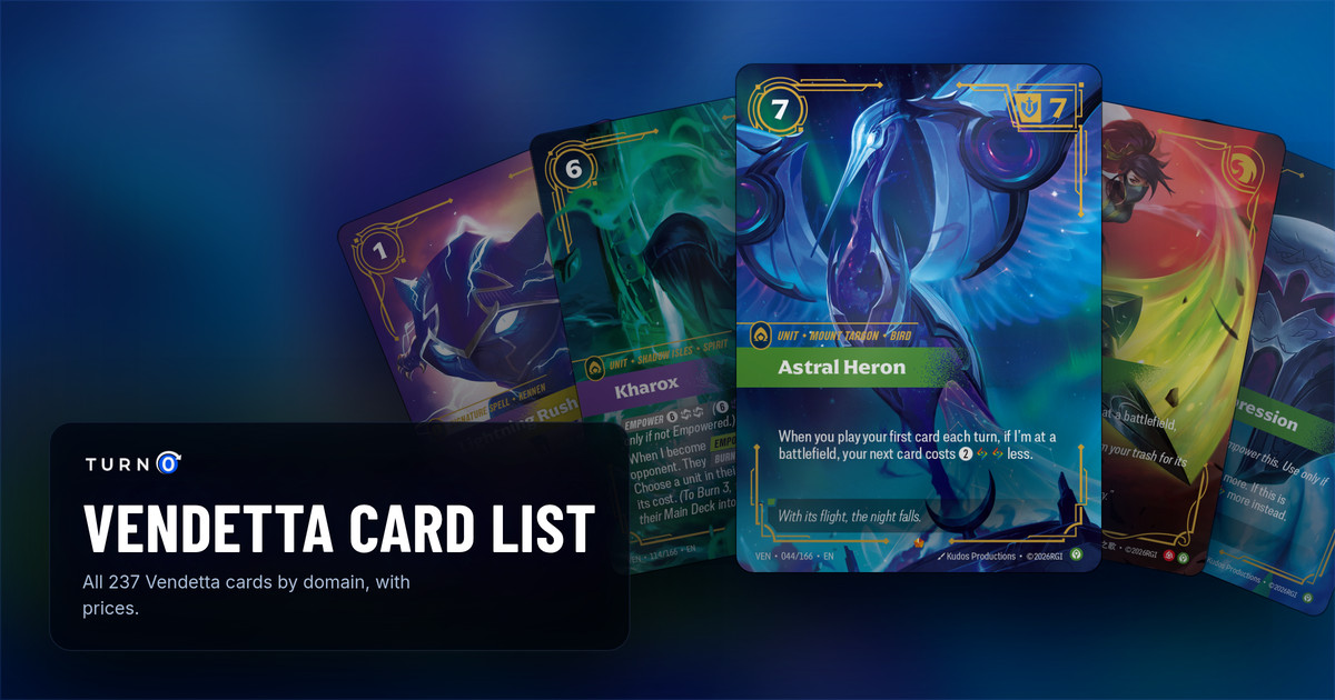 The most valuable Vendetta main-set cards fanned out: Lightning Rush, Kharox, Astral Heron in front, Shuriken Flip and Helm of Suppression.