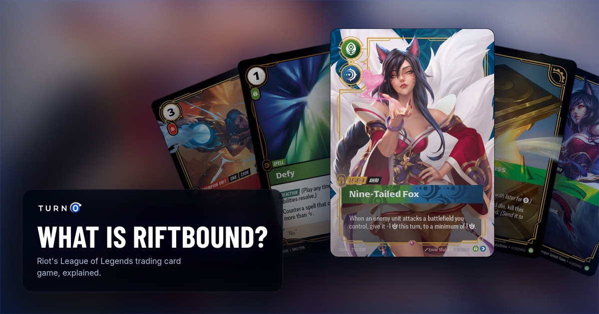 Five Origins cards fanned out, the kinds a Riftbound deck is made of: Jinx, Demolitionist, Defy, the Legend Ahri, Nine-Tailed Fox in front, Zhonya's Hourglass and Ahri, Alluring.