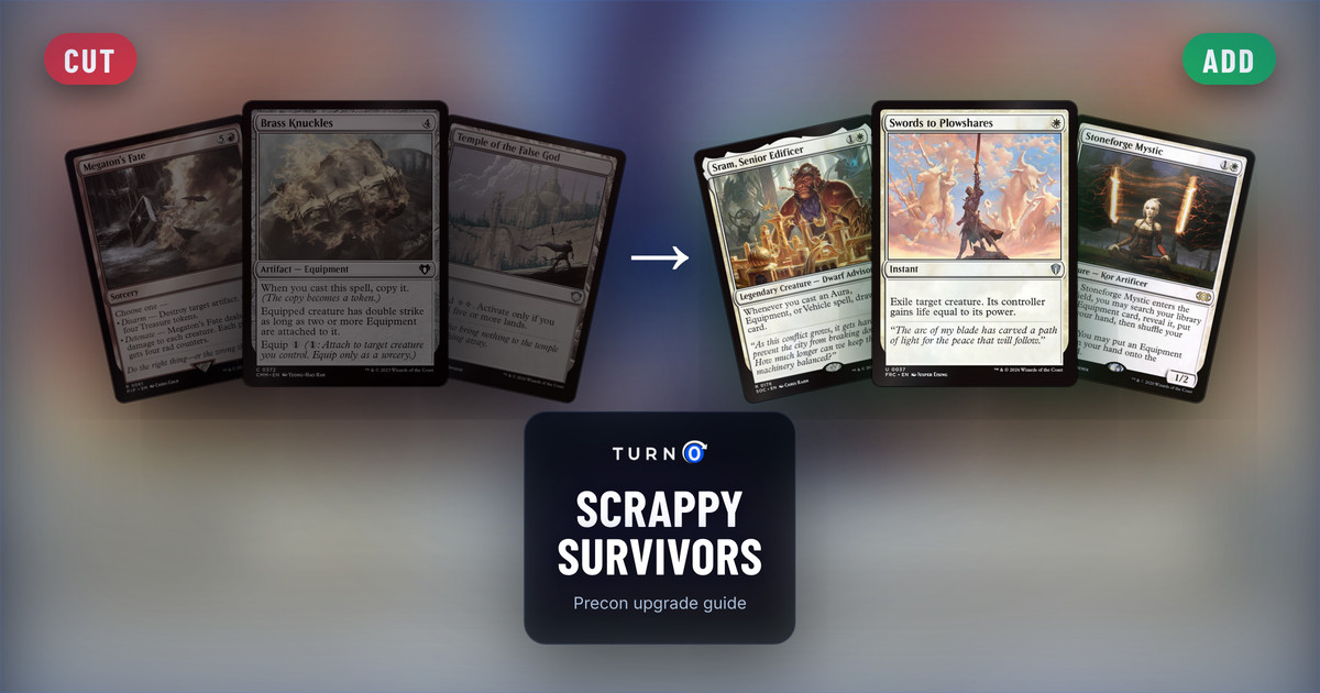 Six Magic cards for the Scrappy Survivors Commander precon: Megaton's Fate, Brass Knuckles and Temple of the False God on the left, tagged to cut, and Sram, Senior Edificer, Swords to Plowshares and Stoneforge Mystic on the right, tagged to add.
