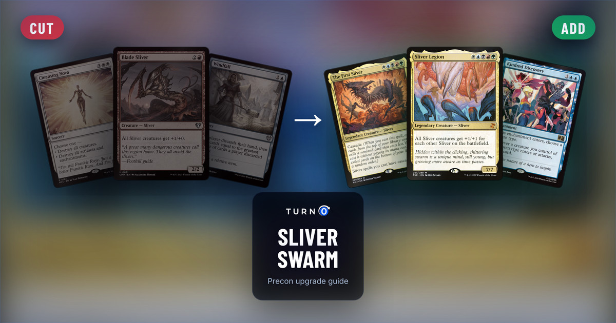 Six Magic cards for the Sliver Swarm Commander precon: Cleansing Nova, Blade Sliver and Windfall on the left, tagged to cut, and The First Sliver, Sliver Legion and Kindred Discovery on the right, tagged to add.