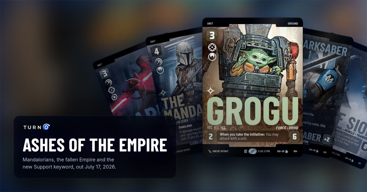 Five Ashes of the Empire Prestige cards fanned out: Marrok, The Mandalorian, Grogu in front, The Darksaber and Eye of Sion.