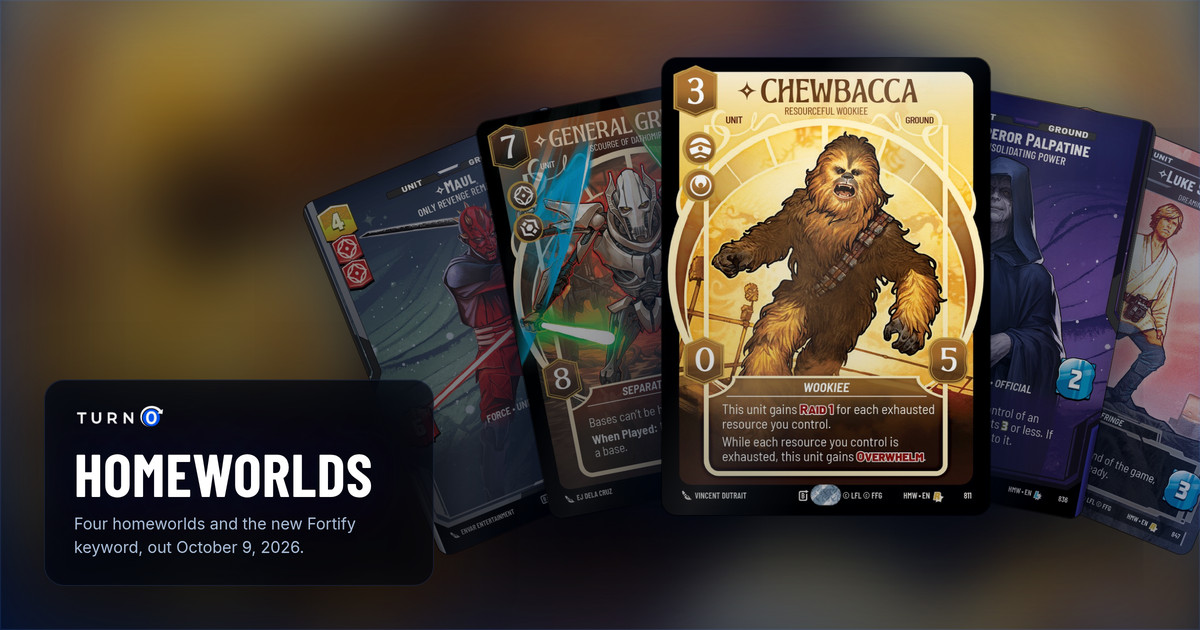 Five Homeworlds Prestige cards fanned out: Maul, General Grievous, Chewbacca in front, Emperor Palpatine and Luke Skywalker.