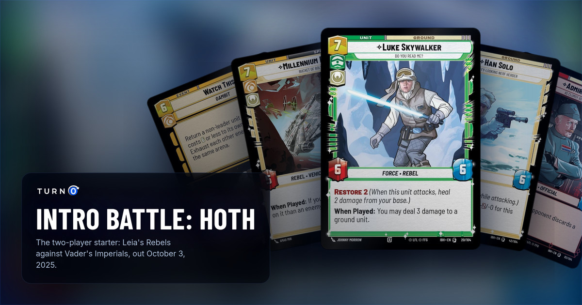Five cards from Intro Battle: Hoth fanned out: Watch This, Millennium Falcon, Luke Skywalker in front, Han Solo and Admiral Ozzel.