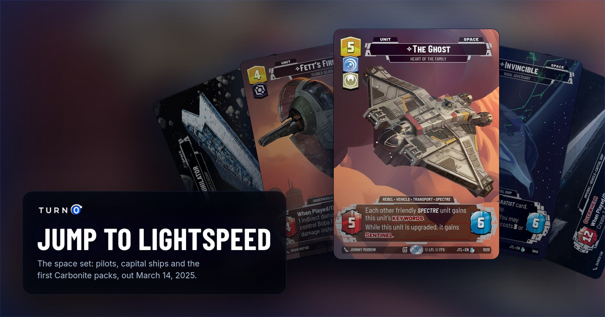 Five Jump to Lightspeed Prestige cards fanned out: Annihilator, Fett's Firespray, The Ghost in front, Invincible and Executor.
