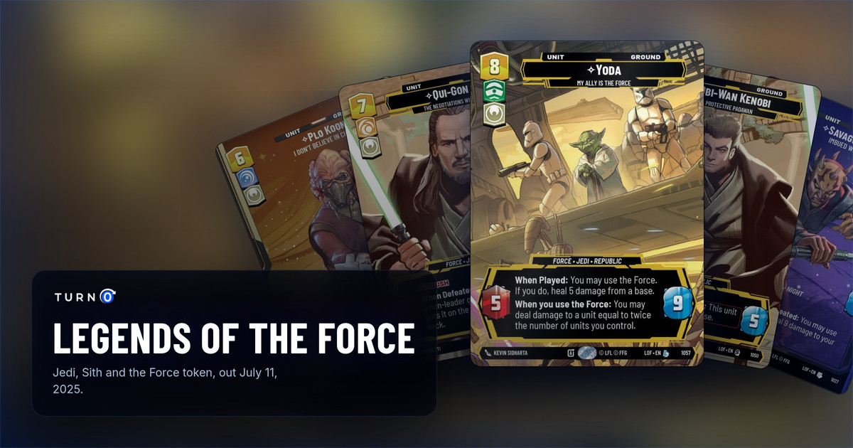 Five Legends of the Force Prestige cards fanned out: Plo Koon, Qui-Gon Jinn, Yoda in front, Obi-Wan Kenobi and Savage Opress.