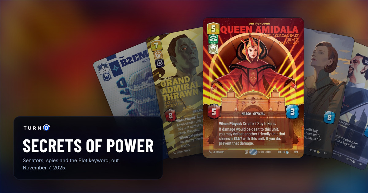 Five Secrets of Power Prestige cards fanned out: B2EM0, Grand Admiral Thrawn, Queen Amidala in front, Mon Mothma and Bail Organa.