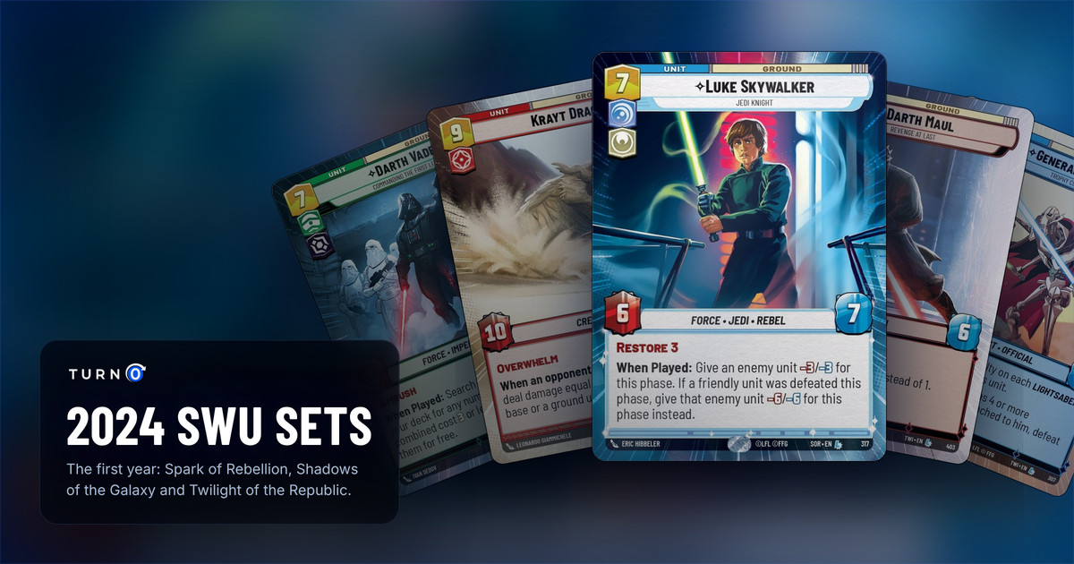 The face card of each 2024 Star Wars: Unlimited set fanned out in Hyperspace: Darth Vader, Krayt Dragon, Luke Skywalker in front, Darth Maul and General Grievous.