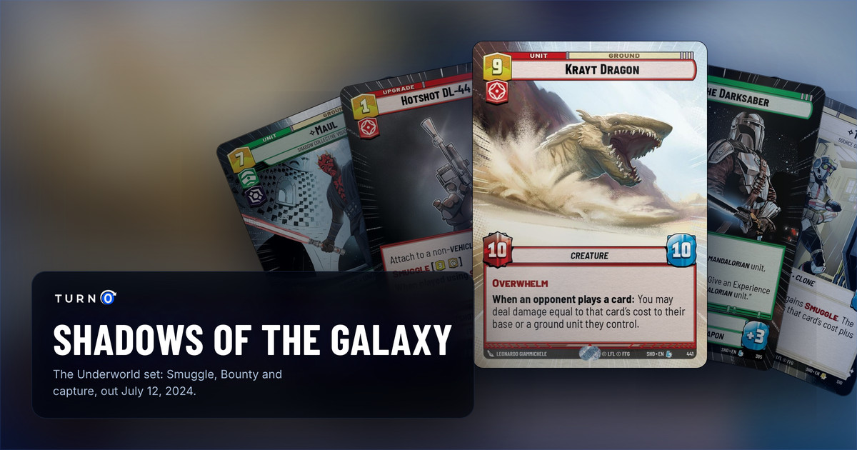 Five Shadows of the Galaxy Hyperspace cards fanned out: Maul, Hotshot DL-44 Blaster, Krayt Dragon in front, The Darksaber and Tech.
