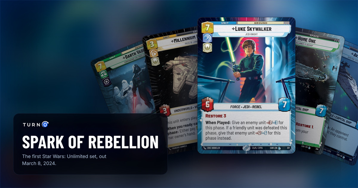 Five Spark of Rebellion Hyperspace cards fanned out: Darth Vader, Millennium Falcon, Luke Skywalker in front, Home One and Avenger.