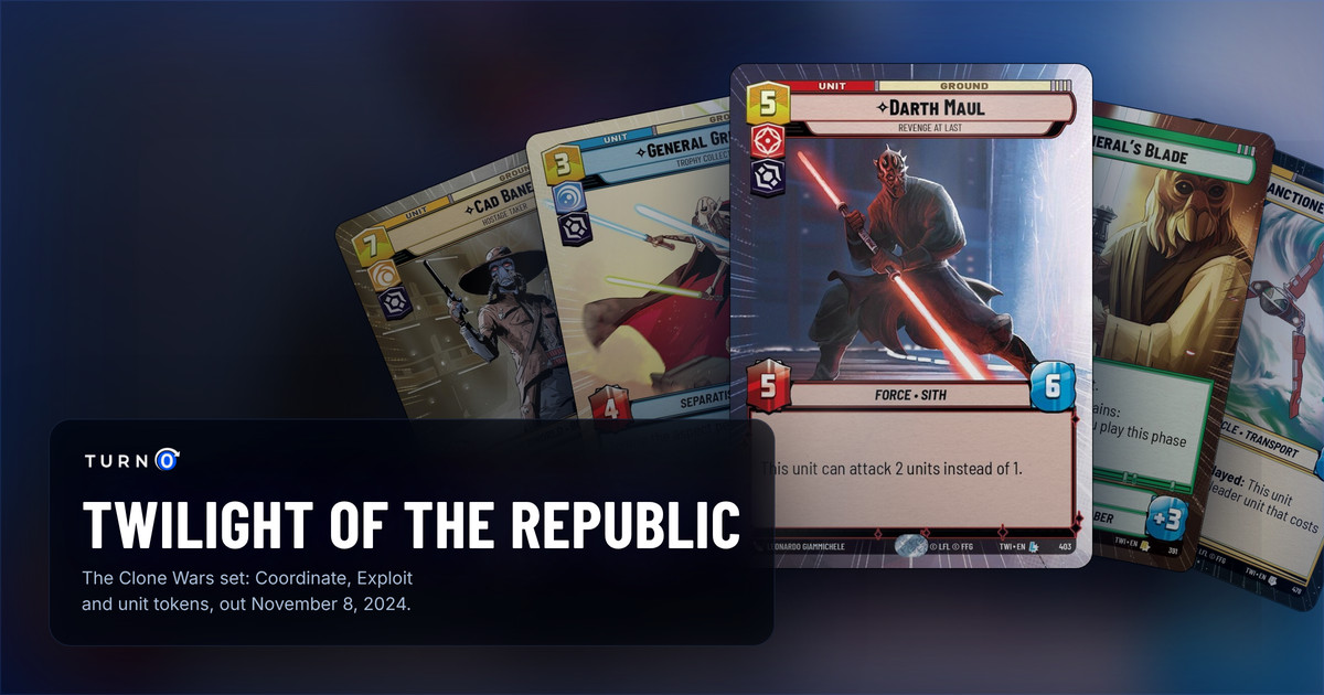 Five Twilight of the Republic Hyperspace cards fanned out: Cad Bane, General Grievous, Darth Maul in front, General's Blade and Sanctioner's Shuttle.