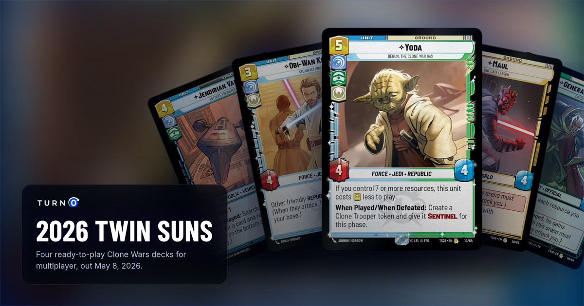 Five cards from the 2026 Twin Suns decks fanned out: Jendirian Valley, Obi-Wan Kenobi, Yoda in front, Maul and General Grievous.