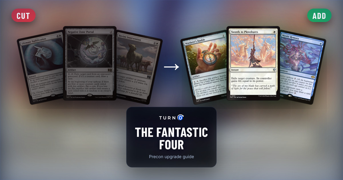 Six Magic cards for the The Fantastic Four Commander precon: Ultimate Nullification, Negative Zone Portal and Bovine Intervention on the left, tagged to cut, and Wayfarer's Bauble, Swords to Plowshares and Mystic Remora on the right, tagged to add.