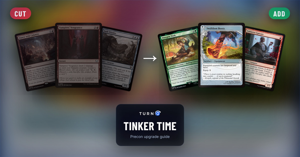 Six Magic cards for the Tinker Time Commander precon: Dance with Calamity, Vampires' Vengeance and Junk Winder on the left, tagged to cut, and Peregrin Took, Swiftfoot Boots and Voldaren Epicure on the right, tagged to add.