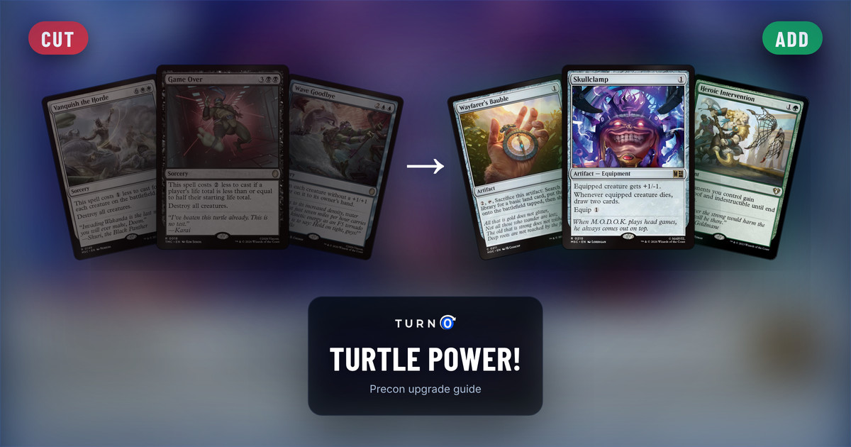 Six Magic cards for the Turtle Power! Commander precon: Vanquish the Horde, Game Over and Wave Goodbye on the left, tagged to cut, and Wayfarer's Bauble, Skullclamp and Heroic Intervention on the right, tagged to add.