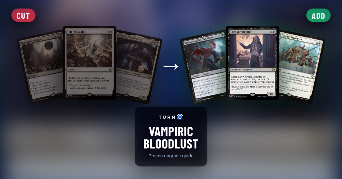 Six Magic cards for the Vampiric Bloodlust Commander precon: Merciless Eviction, Fell the Mighty and Mathas, Fiend Seeker on the left, tagged to cut, and Vampire of the Dire Moon, Cordial Vampire and Flawless Maneuver on the right, tagged to add.